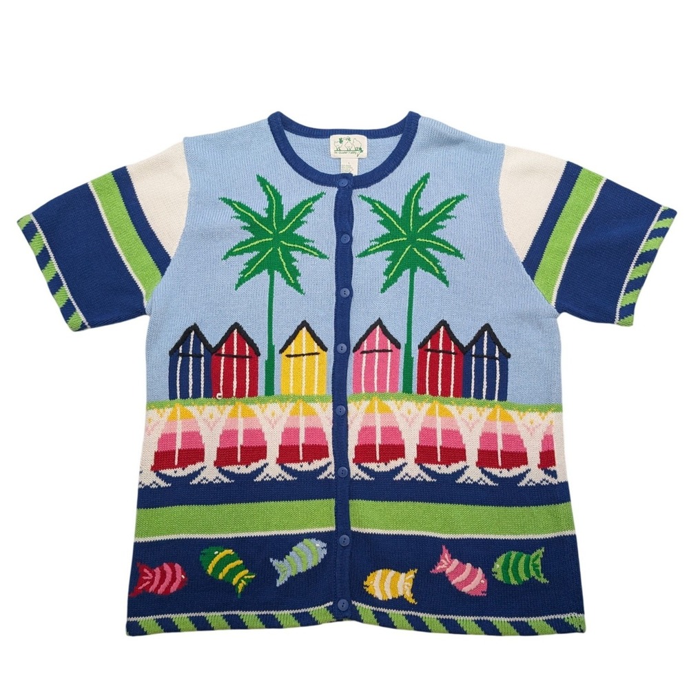 VTG The Quacker Factory Beach Cardigan Womens Large Blue Short Sleeve Nautical‎